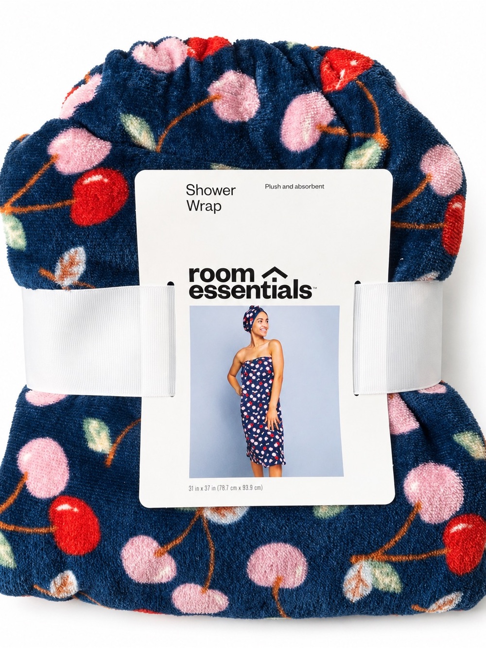 Room Essentials Navy Cherry Print Plush Shower Wrap